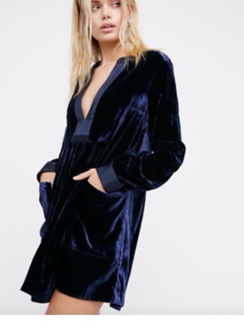 Free People Choose Me Velvet Mini Dress in Navy Blue